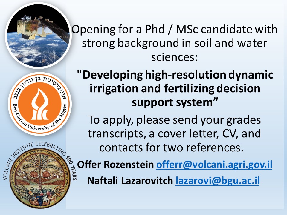 ORozenstein's tweet photo. @NLazarovitch and I are looking for a graduate student to work on connecting remote sensing and a porous media transport model to support irrigation and fertilizing decisions. @soil_volcani @bidrBGU #PhDposition #Mscposition #PhDstudent #MScstudent https://t.co/9wYJaBoL7h