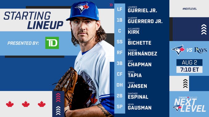 Blue Jays lineup against the Rays on Aug 2: LF Gurriel Jr., 1B Guerrero Jr., C Kirk, SS Bichette, RF Hernández, 3B Chapman, CF Tapia, DH Jansen, 2B Espinal, SP Gausman (pictured). First pitch is at 7:10pm ET.