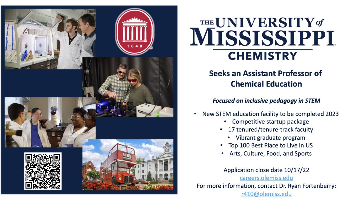 Calling all chemical educators, come join us at the University of Mississippi!  careers.olemiss.edu/job/University… <a href="/chemistry_um/">UM Chemistry (Ole Miss Chemistry)</a>