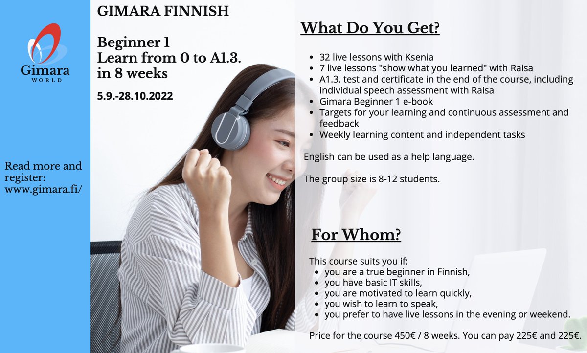 TeamGimara's tweet photo. COMING: Finnish course from level 0 to level A1.3 with Ksenia and Raisa! Come and learn Finnish effectively with two top teachers! Five places are available. Register now! @RaisaHaikala https://t.co/aYRux4Vx4K https://t.co/mxcX558nQj