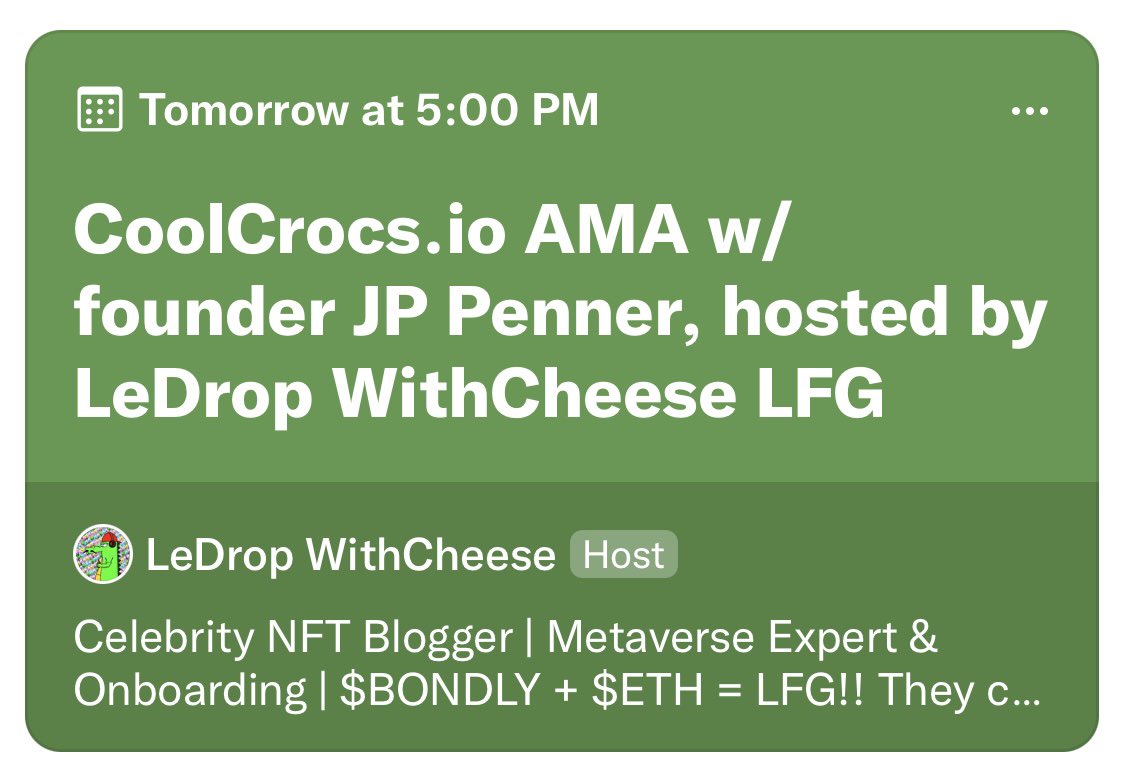 Tune into tomorrow and ask <a href="/JPZ_jaypeezy/">JPZ</a>, the founder of <a href="/CoolCrocsNFT/">The AristoCrocs’ Folly🛹🐊</a> anything! 5pm CST! 
See you on @TwitterSpaces tomorrow! 

#NFTCommunity #NFTs #NFTProject #NFTcollections #ADHD #artists #CryptoNews #nftnews