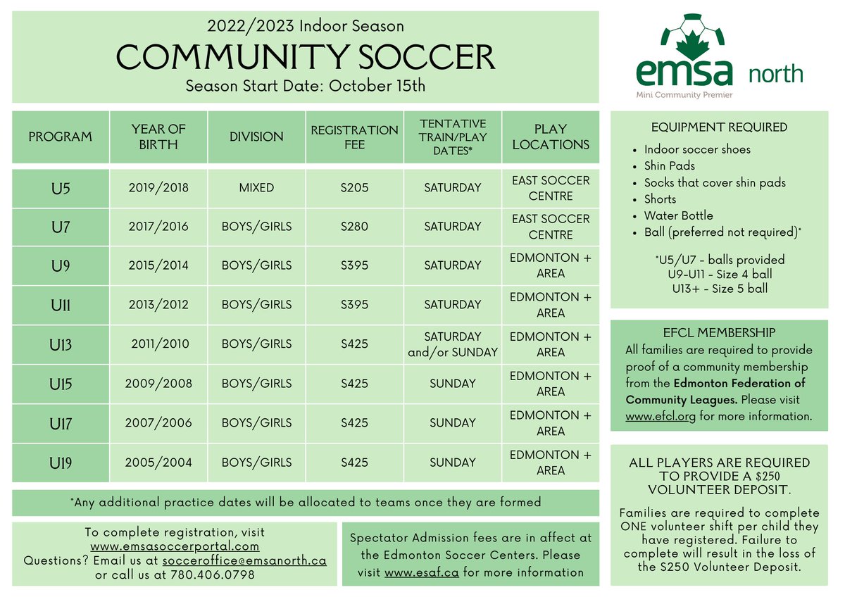 Community Indoor Registration opens today &amp; will remain open until September 2nd.

For More Information: 
emsanorth.com/play/register/

To Register: emsasoccerportal.com