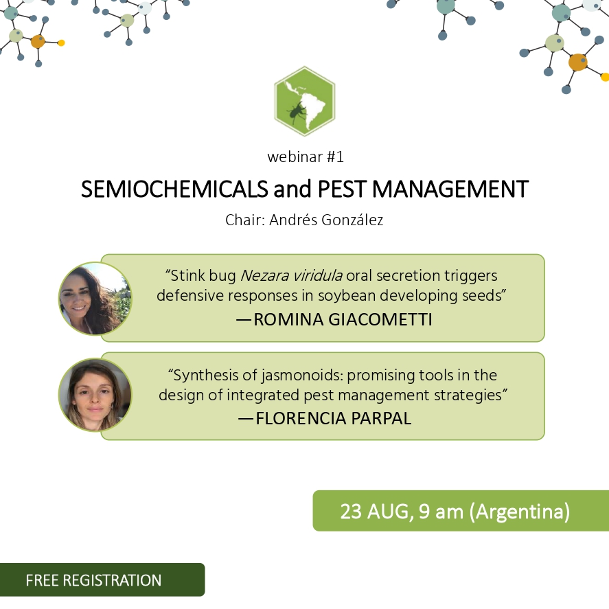 ALAEQ <a href="/ALAEQ2/">ALAEQ</a>  invites you to its Webinar series! 
#1Webinar: Florencia Parpal (Uruguay) and Romina Giacometti (Argentina) will tell us about the latest advances in their research on Semiochemicals and Pest Management. Registration link ⬇️