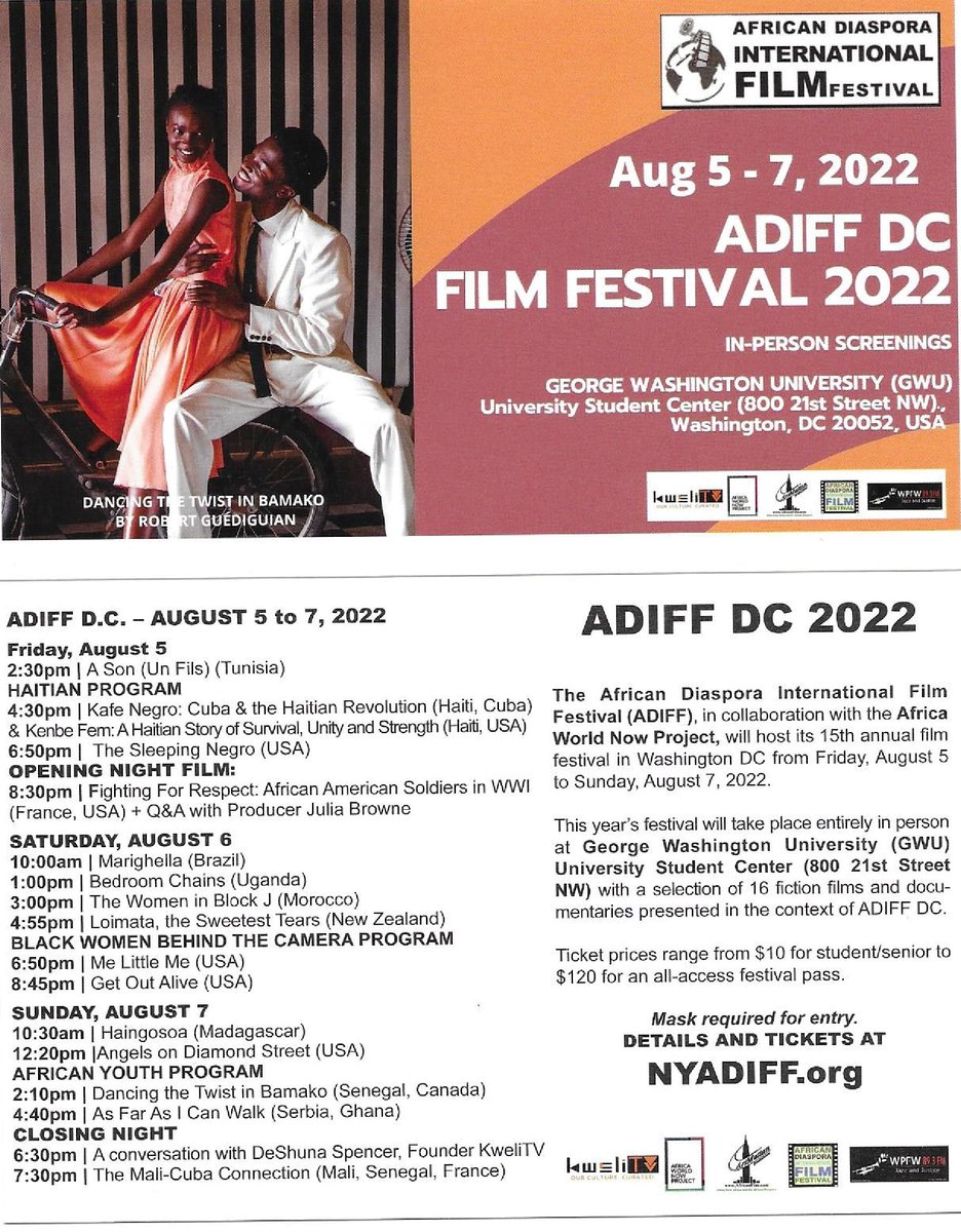 AfWrldNwPrj's tweet photo. IN 3 DAYS Friday Aug. 5 #ADIFF-DC pres. by #ArtMattan &amp; @AfWrldNwPrj w @WPFWDC as the media sponsor. ADIFF DC showcases films celebrating the human experience of people of color 🎟️ &amp; schedule @ https://t.co/QzJxXfqwW9  @ddhewty https://t.co/VoqmHGVrql