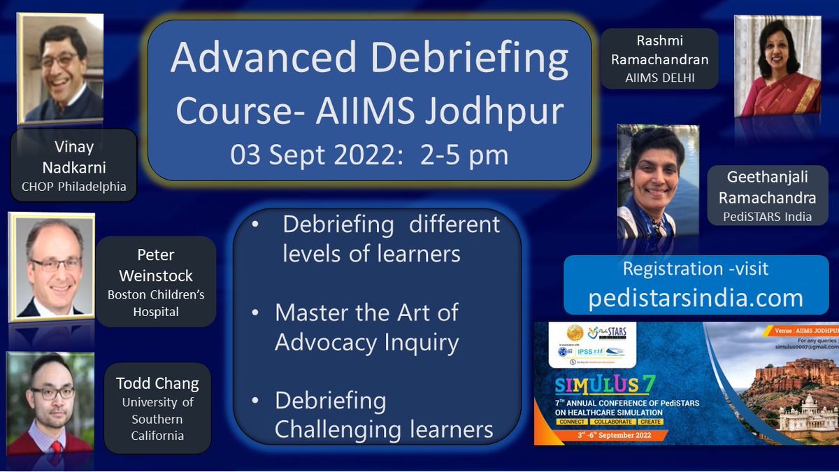 PediSTARSIndia's tweet photo. Debriefing is heart and soul of simulation training.
Join us @ #SIMULUS 7 on 03 September, to master the art of debriefing various levels of learners
For more details and to register visit https://t.co/P1SXPHwS9N https://t.co/acPJzs6PnU