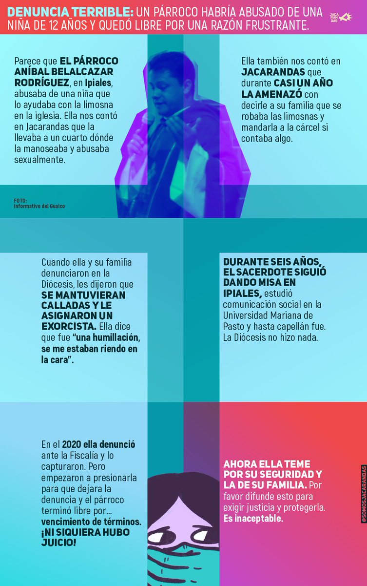 SomosJacarandas's tweet photo. Nos llegó este caso HORRIBLE a la Línea Jacarandas: ¡Un párroco abusó de una niña y está libre! 

Difundan, por favor. https://t.co/9kTe7f49ss