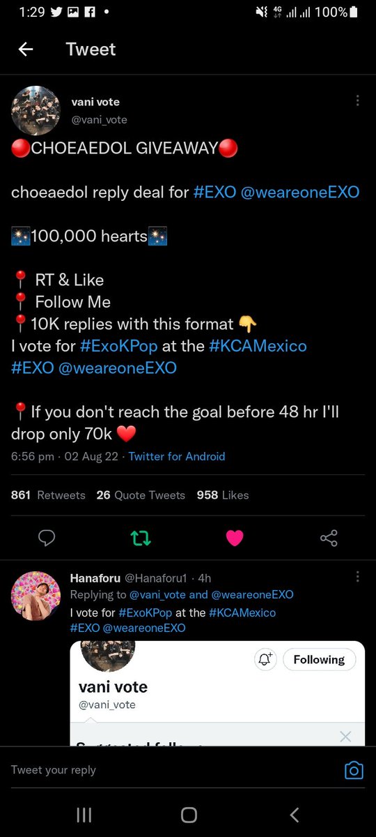 Tharu9853's tweet photo. @vani_vote @weareoneEXO I vote for #ExoKPop at the #KCAMexico 
#EXO @weareoneEXO

📍If you don't reach the goal before 48 hr I'll drop only 70k ❤️ https://t.co/SfYW6HU0md