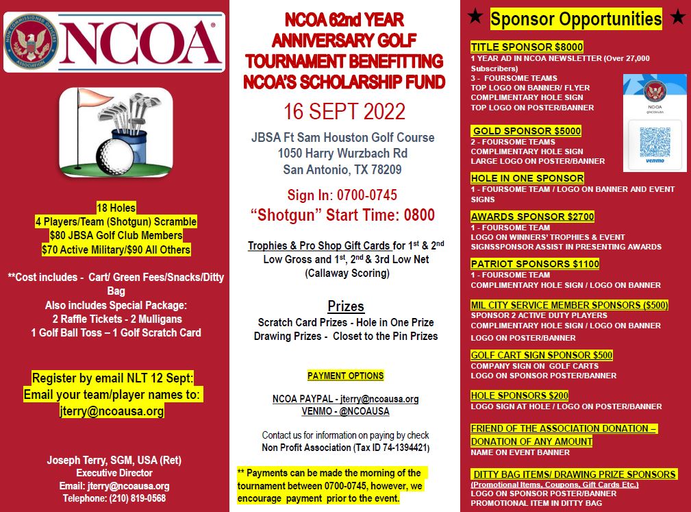 "Sponsorship Opportunities Available"  for our NCOA Golf Tournament on 09/16/2022 @ the Ft Sam Houston Golf Course. We are also looking for Golfers. If interested please contact jterry@ncoausa.org   #ncoausa #golf #golftournament #scholarshipfund