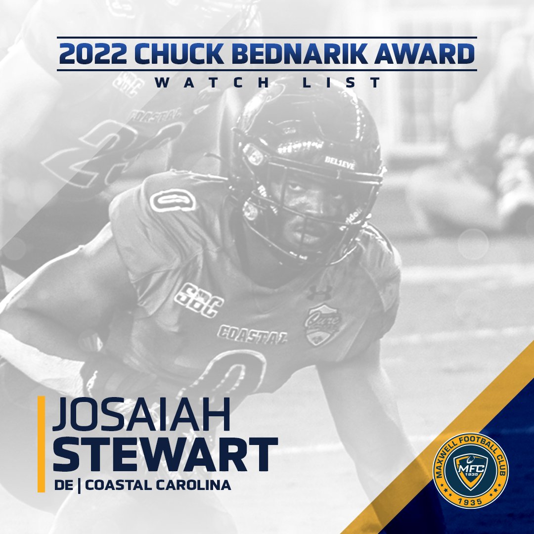 MaxwellFootball's tweet photo. Coastal Carolina DE @josaiah_stewart has been named to the 2022 #BednarikAward Watch List. 

#MaxwellFootball https://t.co/hhbSfcynus