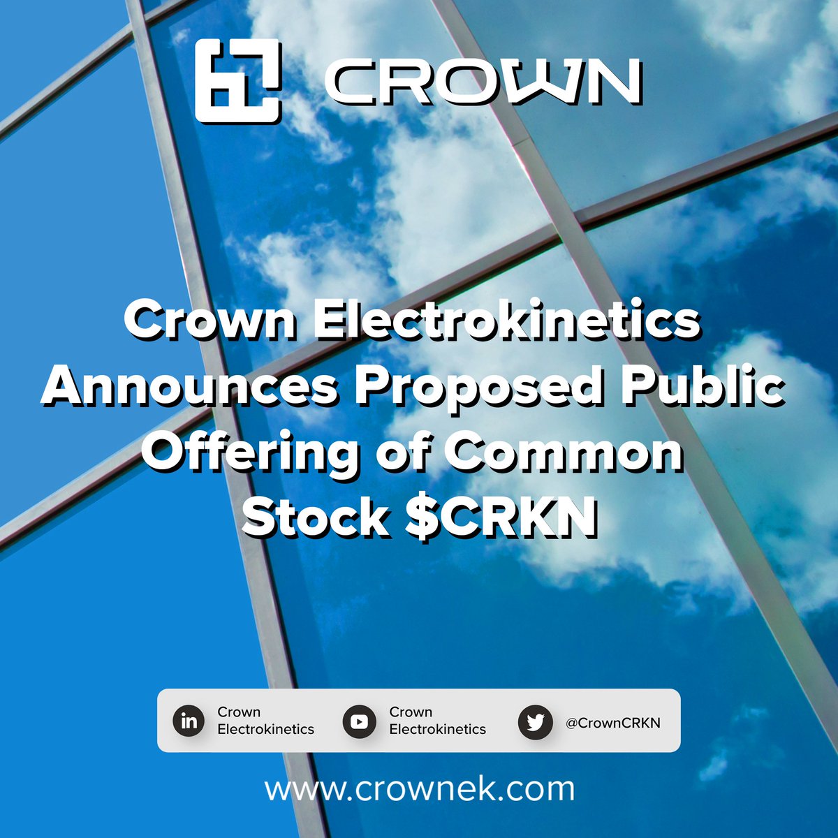 CroxallDoug's tweet photo. Crown Electrokinetics Corp. a leading smart glass technology company, today announced the pricing of an underwritten public offering of 1,250,000 shares of its common stock at a price of $0.80 per share, resulting in gross proceeds of $1,000,000.

>> https://t.co/8x4xdybLUH https://t.co/oxlaw6onbt