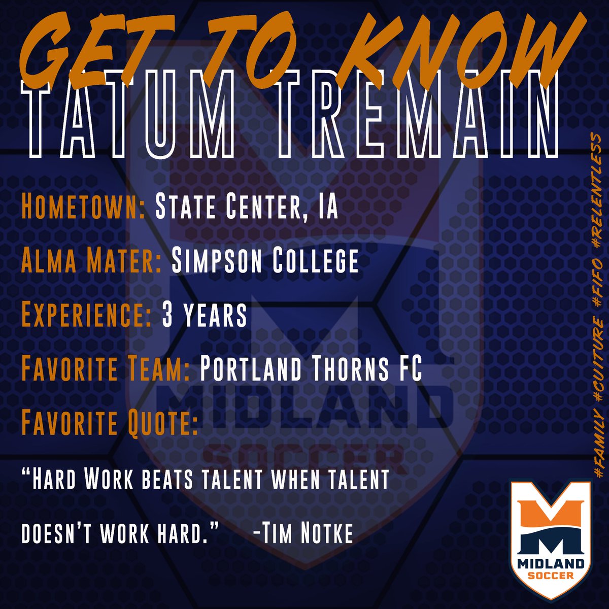 MidlandWSoccer's tweet photo. We are excited to finally official announce that our new GA @TatumTremain has started here at Midland!  Tatum is going to be such a valuable addition to our team and our staff!  Welcome to the #family and #cu1ture Tatum! https://t.co/4BLFFT23GJ