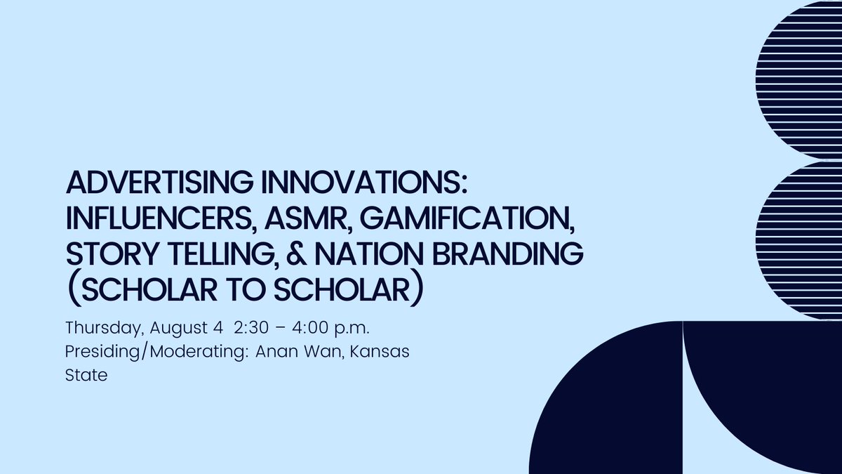 AejmcAdDivision's tweet photo. 📢@AejmcAdDivision Poster session
🗓️Aug 4, 2:30-4:00 pm
📌Ontario West, 3rd Floor

Scholar-to-Scholar (Poster) Refereed Paper session. #AEJMC22 @AEJMC 

Topics: #Influencers, #ASMR, #Gamifcation, Story Telling, and Nation #Branding. https://t.co/narlAG2FOS
