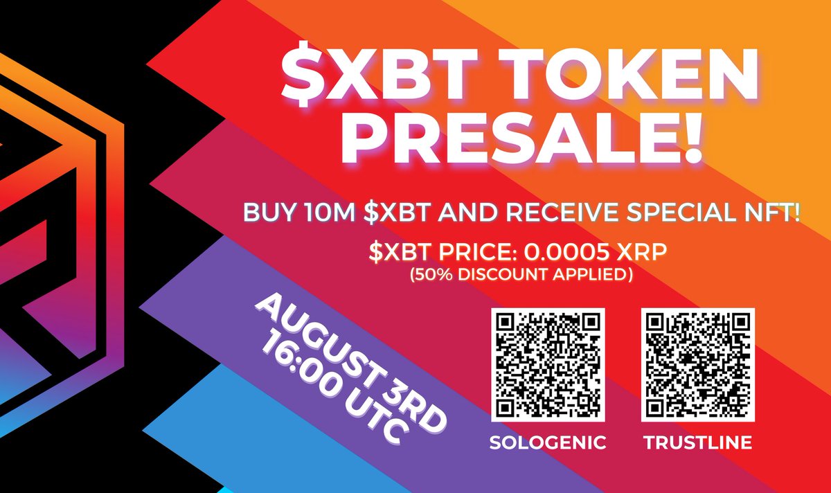 The presale will start on August 3rd at 16:00 UTC time, and we're offering a discount for our early participants! 
The price for tokens will be 0.0005 XRP per 1 $XBT! This is a huge discount of 50% for 7 days! 🔮

🎁100xrp

✅Like
✅Retweet
✅Tag 3 friends
⏰777 retweets

#XRP