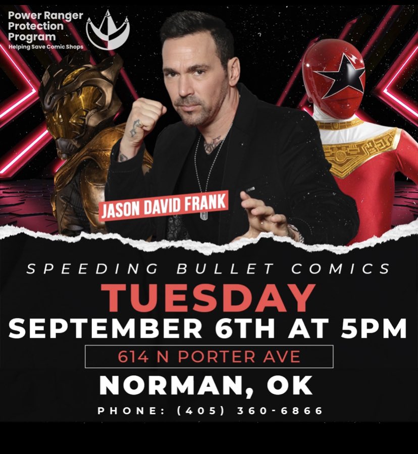 Meet Jason David Frank, the Green Ranger from Mighty Morphin Power Rangers, on Tuesday, Sept 6, from 5pm until the last mask standing. @jdfffn #JasonDavidFrank #JDF #greenranger #whiteranger #powerrangers #mmpr #tommyoliver #jdfppp info: facebook.com/58842155052/po…