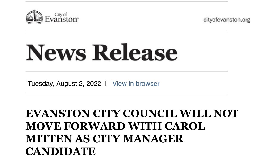 CabgEvanston's tweet photo. CABG is grateful to City Council and staff for making the right decision in not moving forward with candidate Carol Mitten. We hope they will now take time to reevaluate the process before starting a new search. Interim City Manager Luke Stowe has our confidence and support. https://t.co/9Y2SXD1gpV