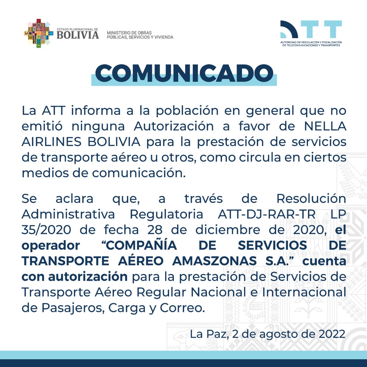 #Comunicado 

<a href="/ATTBolivia/">ATT Bolivia</a> no emitió ninguna Autorización a favor de NELLA AIRLINES BOLIVIA 

#ATT, uniendo enlaces de vida
#EstamosSaliendoAdelante
