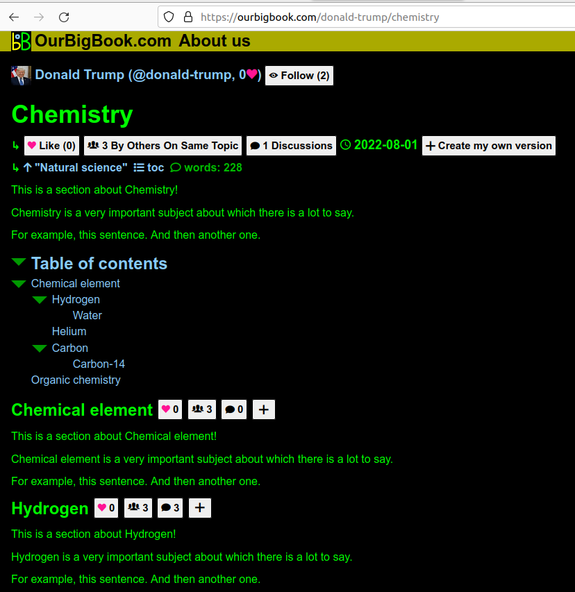 OurBigBook's tweet photo. Title metadata now shows next to every single subheader: https://t.co/T0q4Mbvsll Like button/count, Topic link, Discussions link and Create my own link. E.g. notice the buttons next to subheader "Chemical element". Further highlights our innovative per-header metadata feature: https://t.co/PfVScpG0po