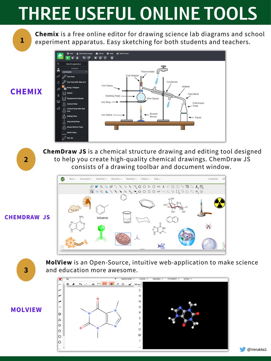 Verukita1's tweet image. Three useful online tools!
➡links
1-chemix.org
2-chemdrawdirect.perkinelmer.cloud/js/sample/inde…
3-molview.org

#AcademicTwitter #PhD  #Bioinformatics #datascience  #Biology #neuroscience #AI #phdchat #postdoc  #methodology #Journals #OpenAccess #science  #phdlife #research