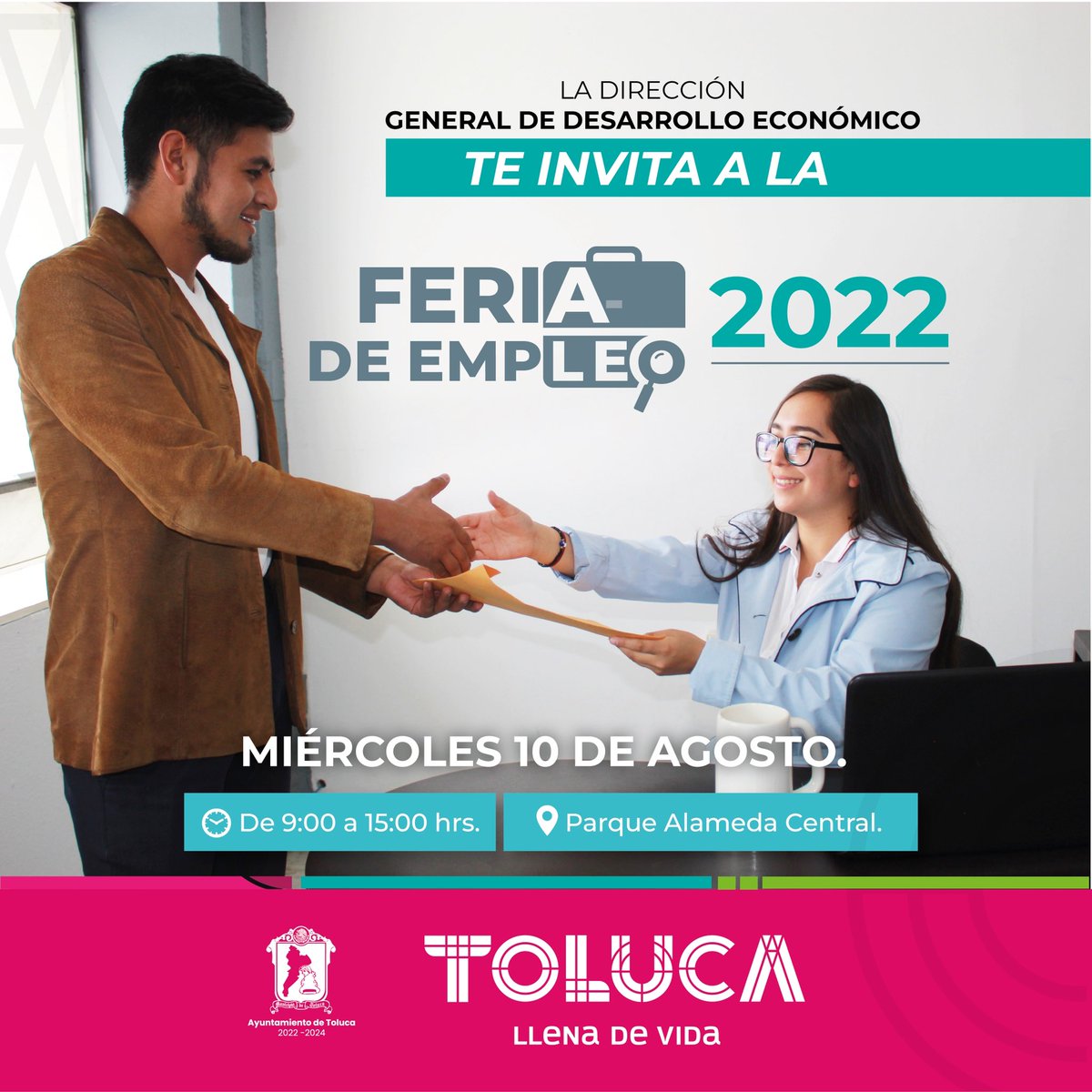 ¿Buscas empleo? 💼 
Nosotros te ayudamos. Te esperamos el miércoles 10 de agosto a las 9:00 A.M. en la Alameda Central, dónde encontrarás mas de 1,500 vacantes en #Toluca.

Para más información escríbenos a las redes sociales de la Dirección de Desarrollo Económico Toluca.
