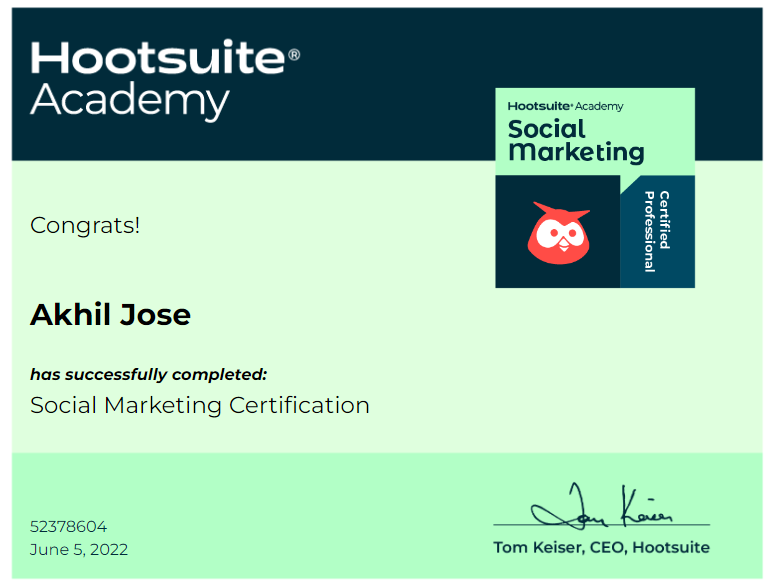 AkhilJose1970's tweet photo. Do you #KnowYourSocial? I do! Just earned a new certification from Hootsuite Academy! https://t.co/q8BbdfFACK via @hootsuite #MARK1051 https://t.co/Ysjt9KPjDA