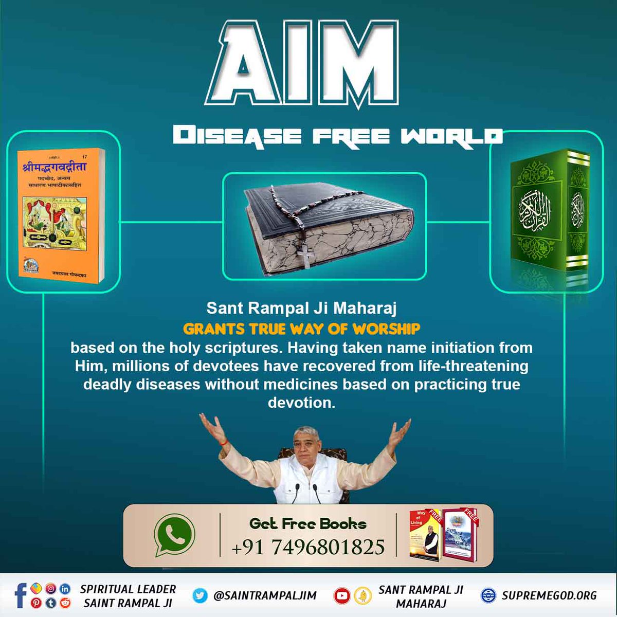 #Aim_Of_SantRampalJiMaharaj
Is to create disease free world where no one is affected by the diseases. This is possible if one follows scripture based worship.