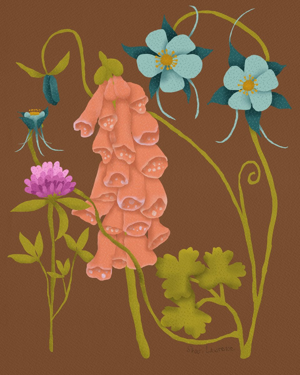 Shariviolin's tweet photo. “The Hazards of Love” #digitalart #Procreate #columbine #foxgloves #clover #decemberists #maineartist #flowers https://t.co/5ByvZEsXkF