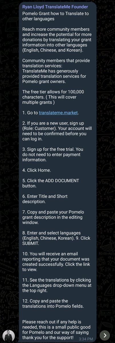 Are you a grant owner on <a href="/PomeloGrants/">Pomelo - web3 crowdfunding</a> and would like to have your grant translated?
Using <a href="/translatemenet/">TranslateMe Network</a> marketplace you can try it for free!
Go to translateme.market and follow the steps below.
Share the info so more grant owners can see it...