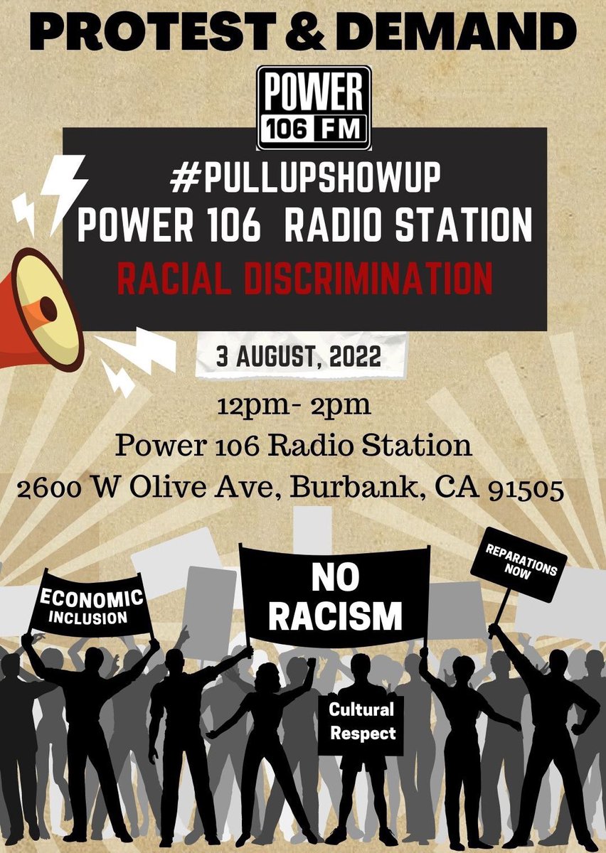 The community is #PullingUp outside #Power106 #radio station in #LosAngeles tomorrow (Weds. Aug. 3rd) to call them out for giving a platform to anti-Black racists. If you are in #LA, everyone come thru. Shout out to our FBA sista @noirdosser for organizing this ✊🏾 #FBA