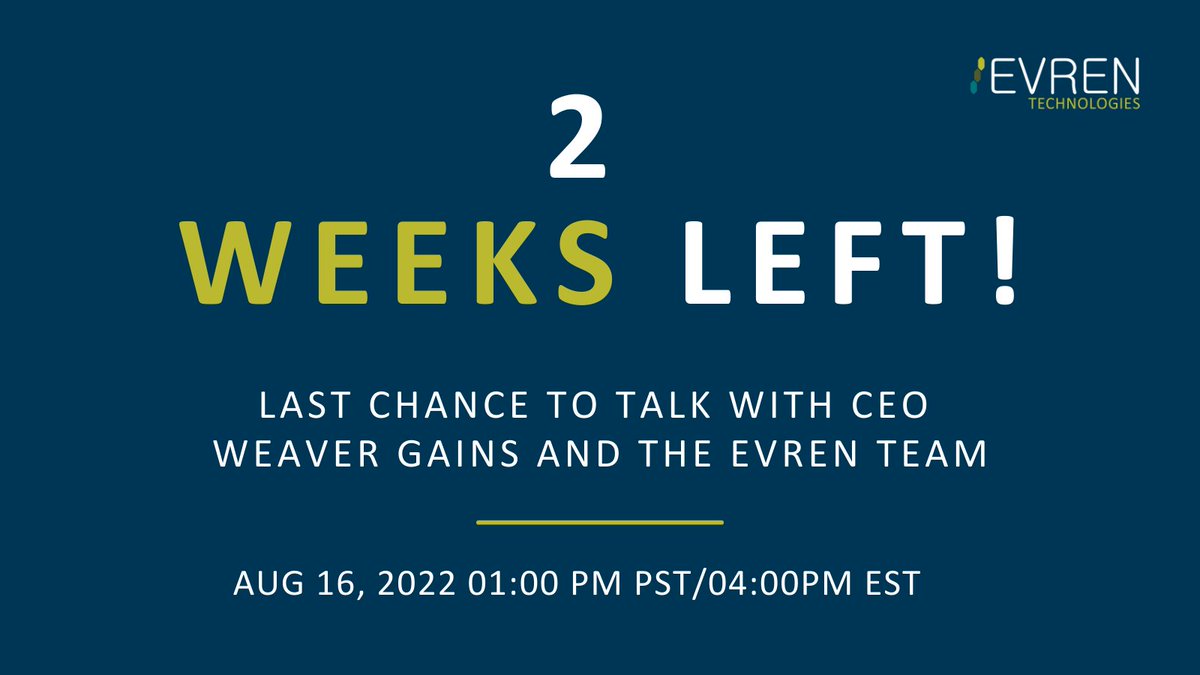 This is your last chance to join the Evren Team for a live webinar! ⏳
 
Mark your calendars for August 16th at 4pm EDT. 🗓️

Don’t miss out on having your investor questions answered. 🤔

Register today &amp; become part of this exciting technology. ⚕️

bit.ly/3vAvtOY