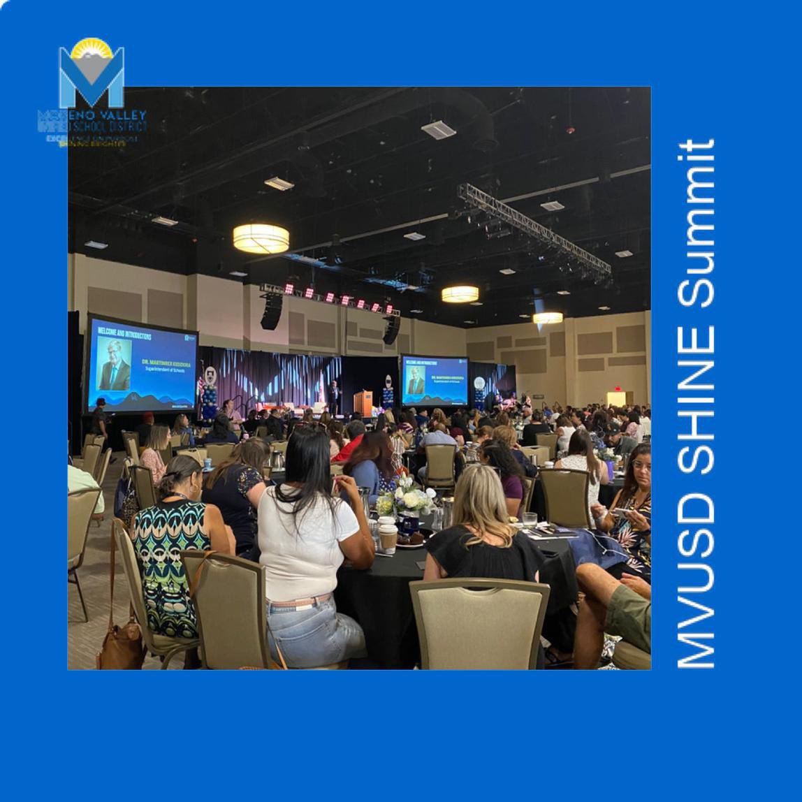 MVUSDPD's tweet photo. MVUSD's first ever Professional Development Shine Summit starts off the school year with wonderful sessions attended by our amazing certificated and classified staff.  Deeply appreciate everyone that helped make this event shine! Thanks Riverside Convention Center for hosting. https://t.co/yQ8qOhqud0