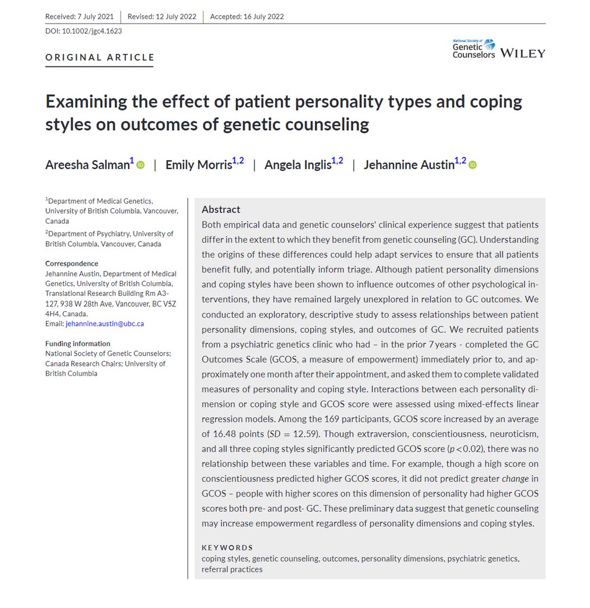 I’m so excited to share my directed studies work, now published in the Journal of Genetic Counseling! @J9_Austin, @EMM_GC, @Inglis_Angela, and I studied the relationship between personality dimensions/coping styles and GC outcomes: doi.org/10.1002/jgc4.1… #GCChat (1/9)