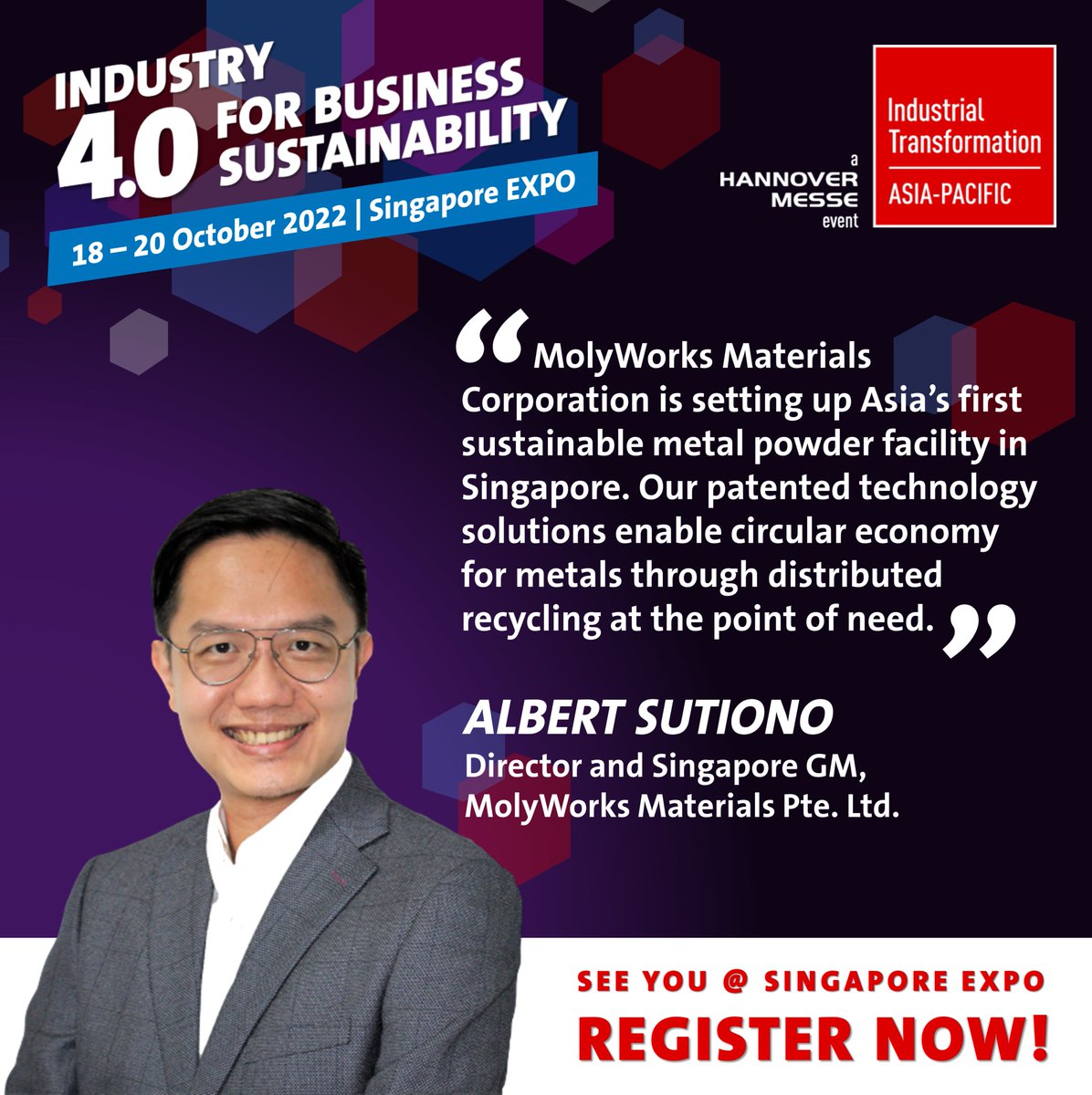 [MEET OUR EXHIBITORS 🤝💼] It is our pleasure to welcome Molyworks Materials Pte. Ltd, global leading manufacturer of sustainable metal powders, as our exhibitor this year!
.
Meet them @ ITAP 2022, REGISTER NOW: bit.ly/3a3ZsHs
.
#ITAP2022 #i40