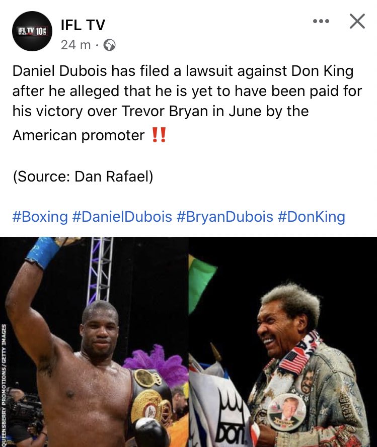 the_mcgonigle's tweet photo. Somethings never change!
Daniel Dubois is suing promoter Don King for non payment after his fight with Trevor Bryan back in June!
.
#danieldubois #duboisbryan #donking #lawsuit #scandal https://t.co/Loer6PjKUR