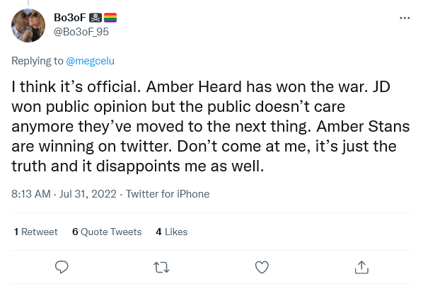 CharlesLKuyper's tweet photo. So, when R other #Deppheads/#DeppfordWives gonna admit what this #JohnnyDerp stan (.@Bo3oF_95) finally had 2 admit/recognize/acknowledge? #AmberHeardWon #JohnnyDeppIsFinished
Not 2 mention, w/more & more of his stans confessing they were duped, I'd say she won public opinion. https://t.co/aiUWlXKBJv