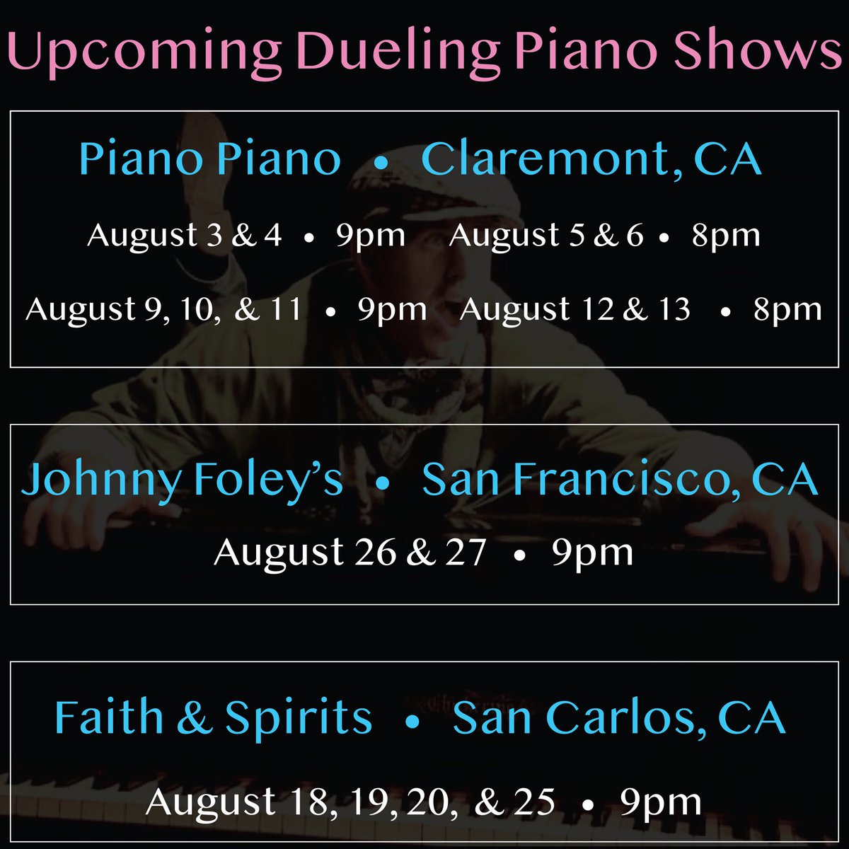 August coming in hot!

#professional #musician #duelingpianos #livemusic #allrequestshow #diva #gayboy #lgbtqia #singer #piano #coversongs #comedyshow #nightlife #claremontca #sanfrancisco #sancarlosca