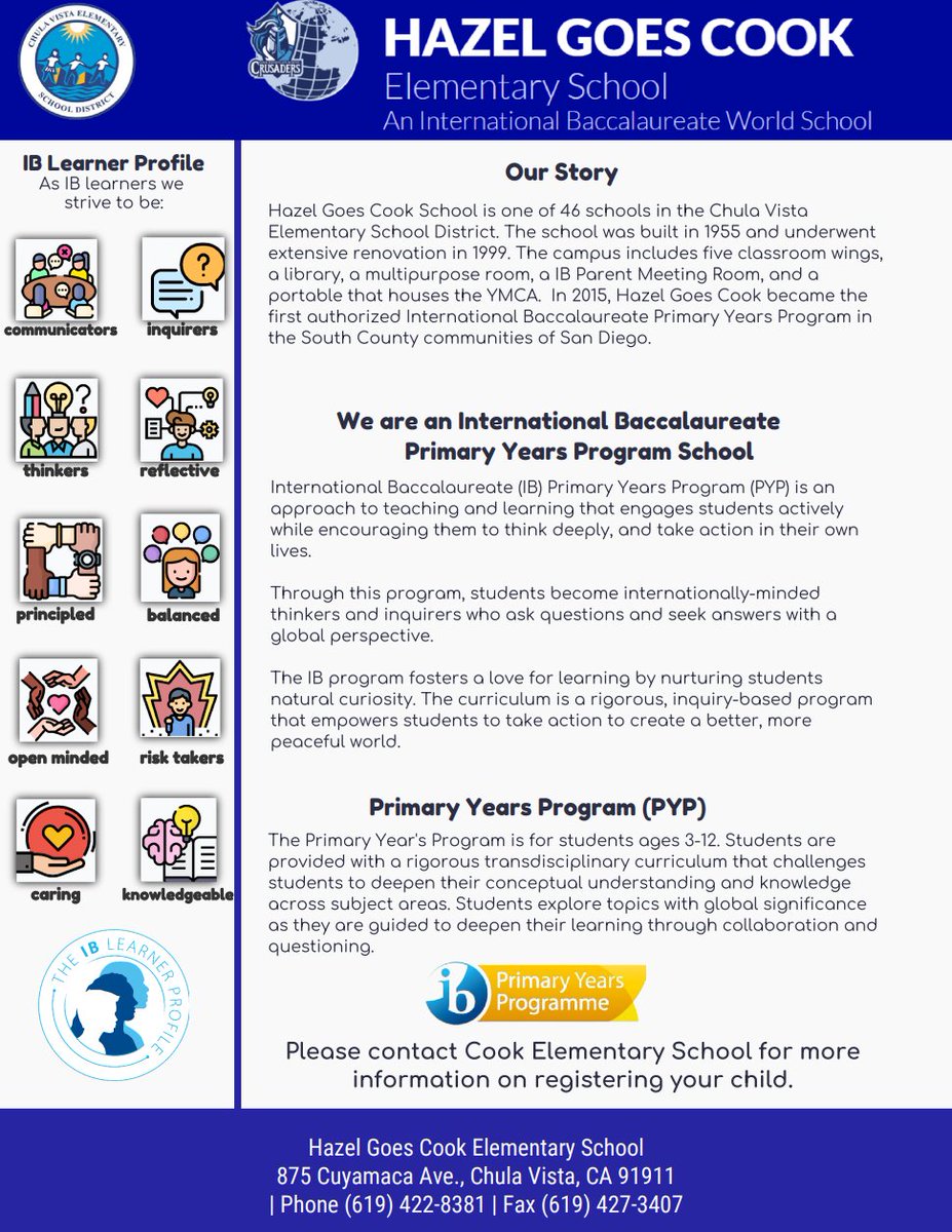 Hazel Goes Cook Elementary is the ONLY school in the South Bay with an International Baccalaureate (IB) Primary Years Program (PYP). Follow us to stay updated on the amazing work being done by our students and staff! <a href="/CVESDNews/">CVESD News</a>