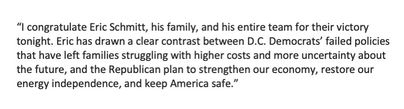 Blunt statement congratulating Eric Schmitt on becoming the Republican nominee for U.S. Senate in Missouri: