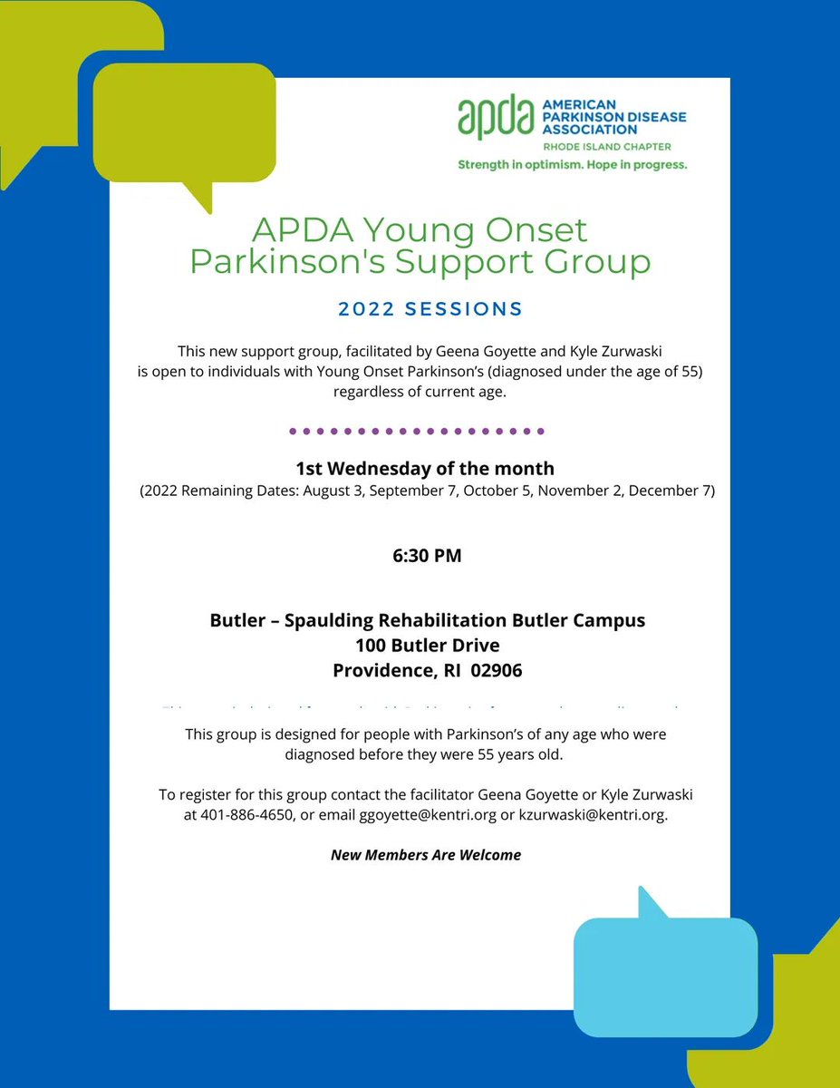 Providence Young Onset Support Group
Butler – Spaulding Rehabilitation Butler Campus

New Members are Welcome!

Learn more about APDA RI Support Groups At: bit.ly/APDARISupportG…

#YoungOnsetParkinsons #SupportGroups #CommunitySupport