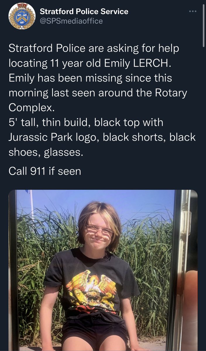 mackaytaggart's tweet image. The Ontario wide Amber Alert issued for missing 11-year-old Emily Lerch was void of any key identifying information, despite a detailed tweet from Stratford Police being published more than 6 hours ago! #AmberAlert #Ontario