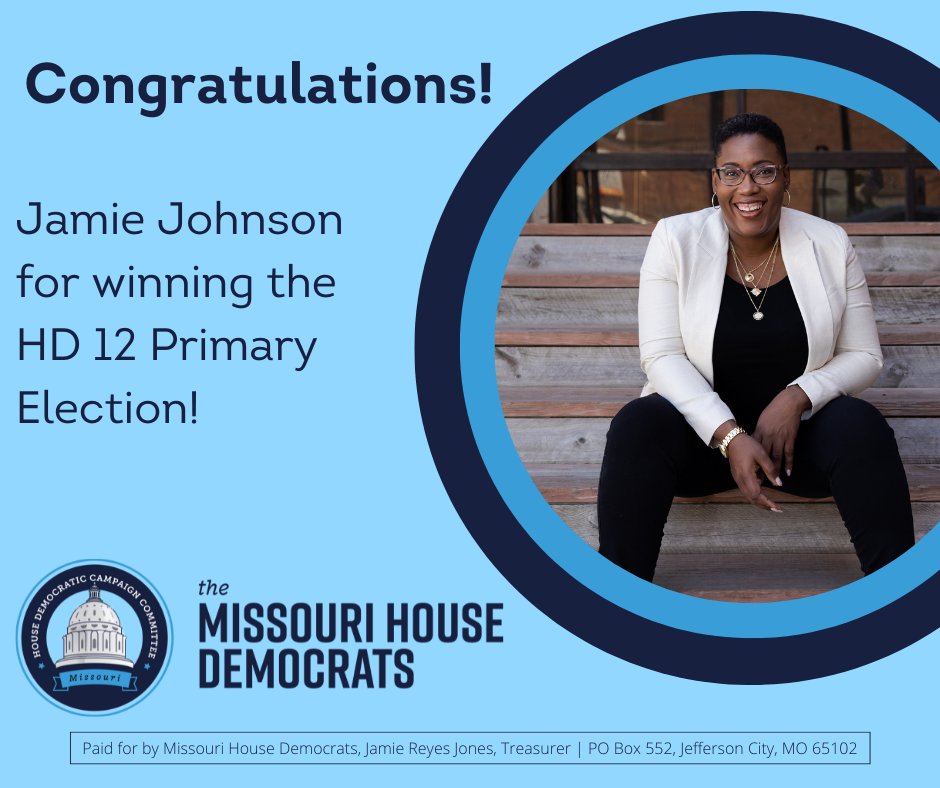 MO_HouseDems's tweet photo. Congrats to @Jamie4MO for winning the nomination to represent the Democratic Party in House District 12 this November!

Help send Jamie to Jefferson City: https://t.co/fmetmiZfbV https://t.co/TAah42MV9e
