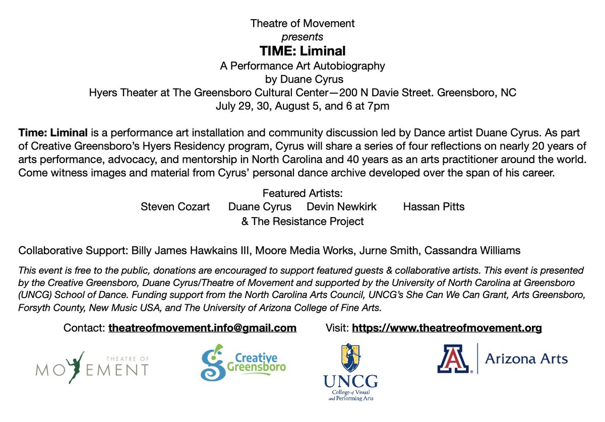 _TheMove's tweet photo. The exhibition continues this weekend!

TIME: Liminal
A Performance Art Autobiography
by Duane Cyrus
Hyers Theater at The Greensboro Cultural Center. Greensboro, NC
August 5, and 6 at 7pm

#GreensboroCulturalCenter #ArtistResidency #Greensboro #GreensboroNC #ncarts #gsocityarts https://t.co/wdVhXORTEA