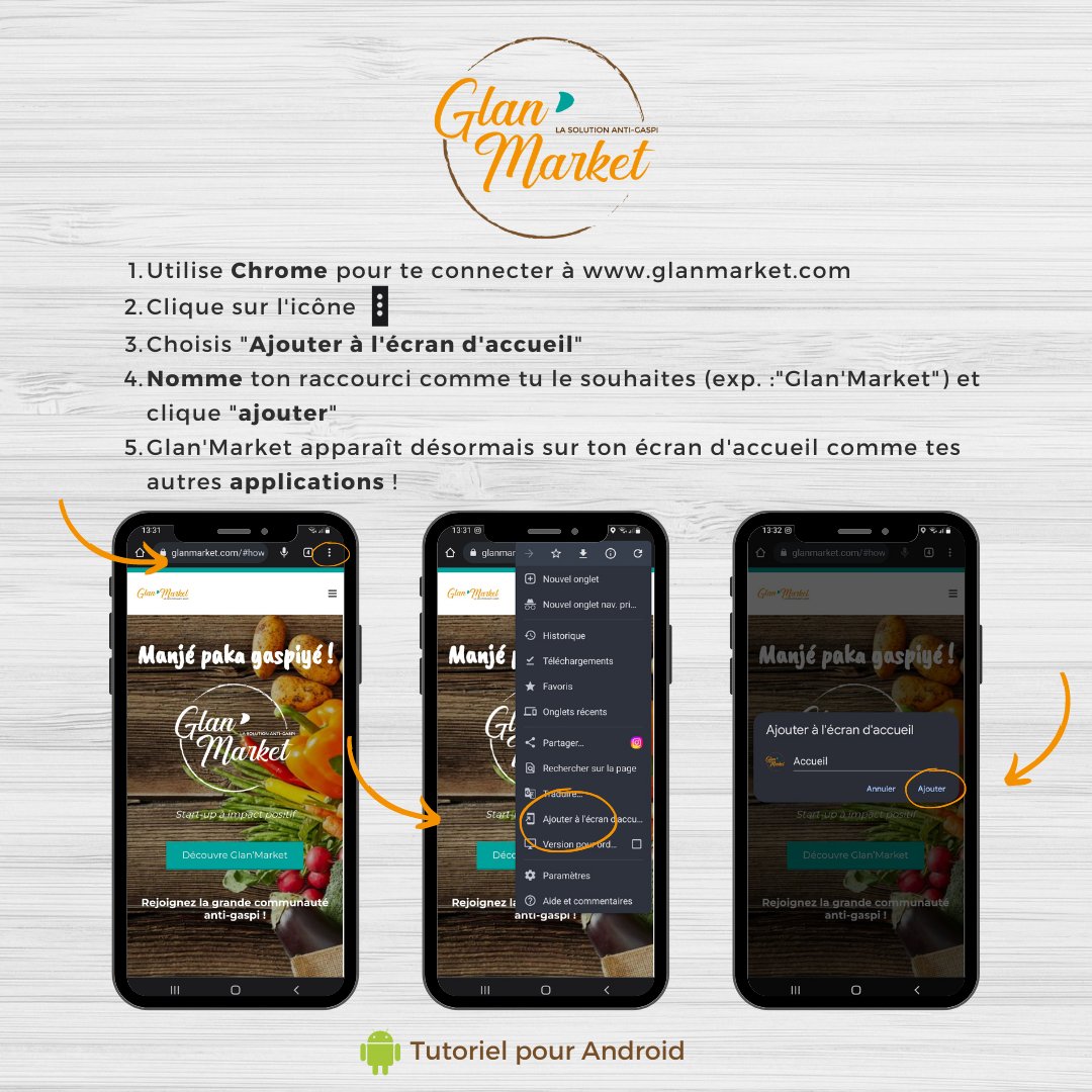 GlanMarket's tweet photo. 💡 Le savais-tu ? Tu peux créer un raccourci du site sur l'écran d'accueil de ton téléphone 📱et te connecter plus rapidement. C'est facile ! Tu pourras ainsi sauver les invendus des commerçants près de chez toi ♻️🤩 https://t.co/S42uGv9F6b