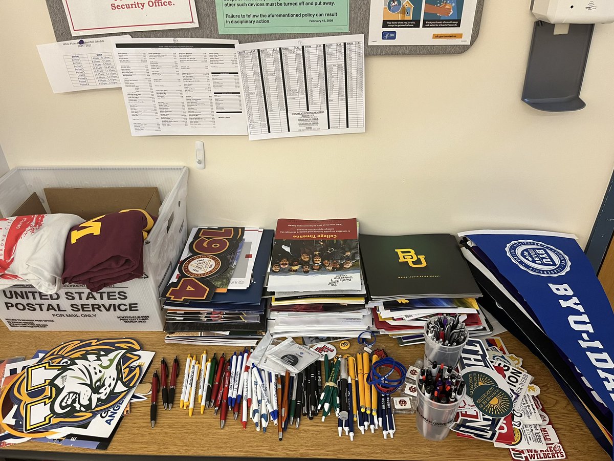 missjstein's tweet photo. When you send a mass email out to colleges asking for swag and the response is overwhelming!!😅 #avid4college @WPTigerPride @wplainsschools https://t.co/AAR0AErFyh
