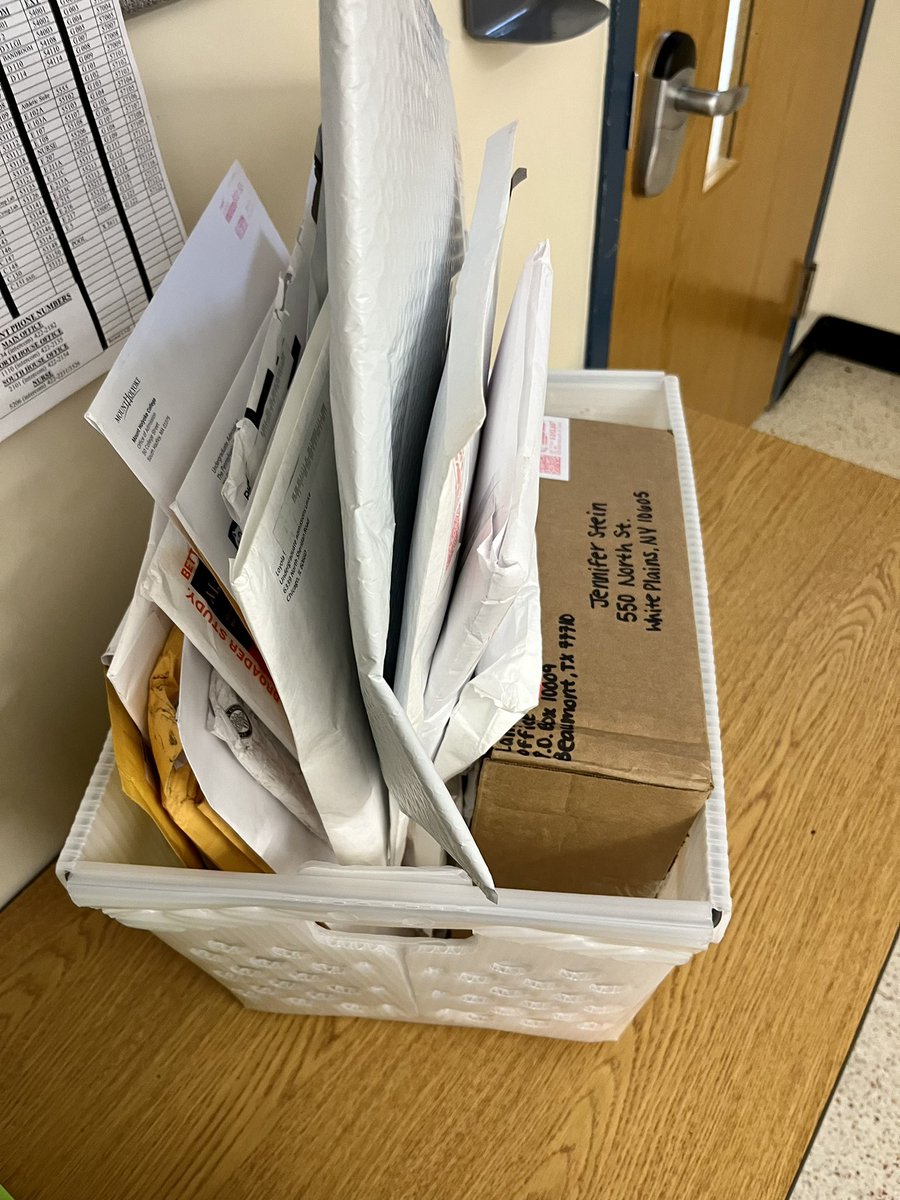 missjstein's tweet photo. When you send a mass email out to colleges asking for swag and the response is overwhelming!!😅 #avid4college @WPTigerPride @wplainsschools https://t.co/AAR0AErFyh