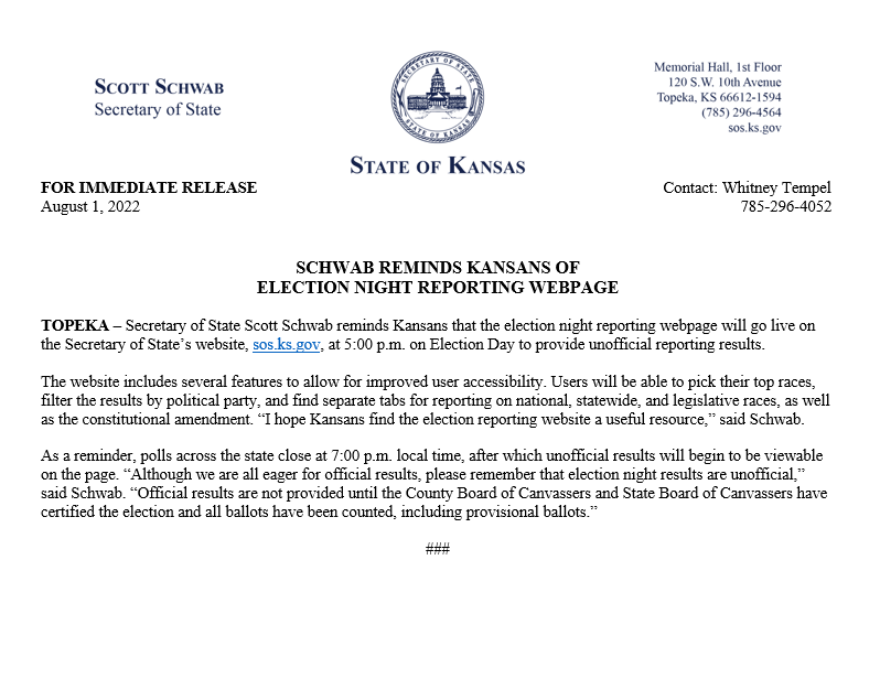 KansasSOS's tweet photo. RELEASE: Schwab Reminds Kansans of Election Night Reporting Page. #ksleg https://t.co/nh6U7V6ILO