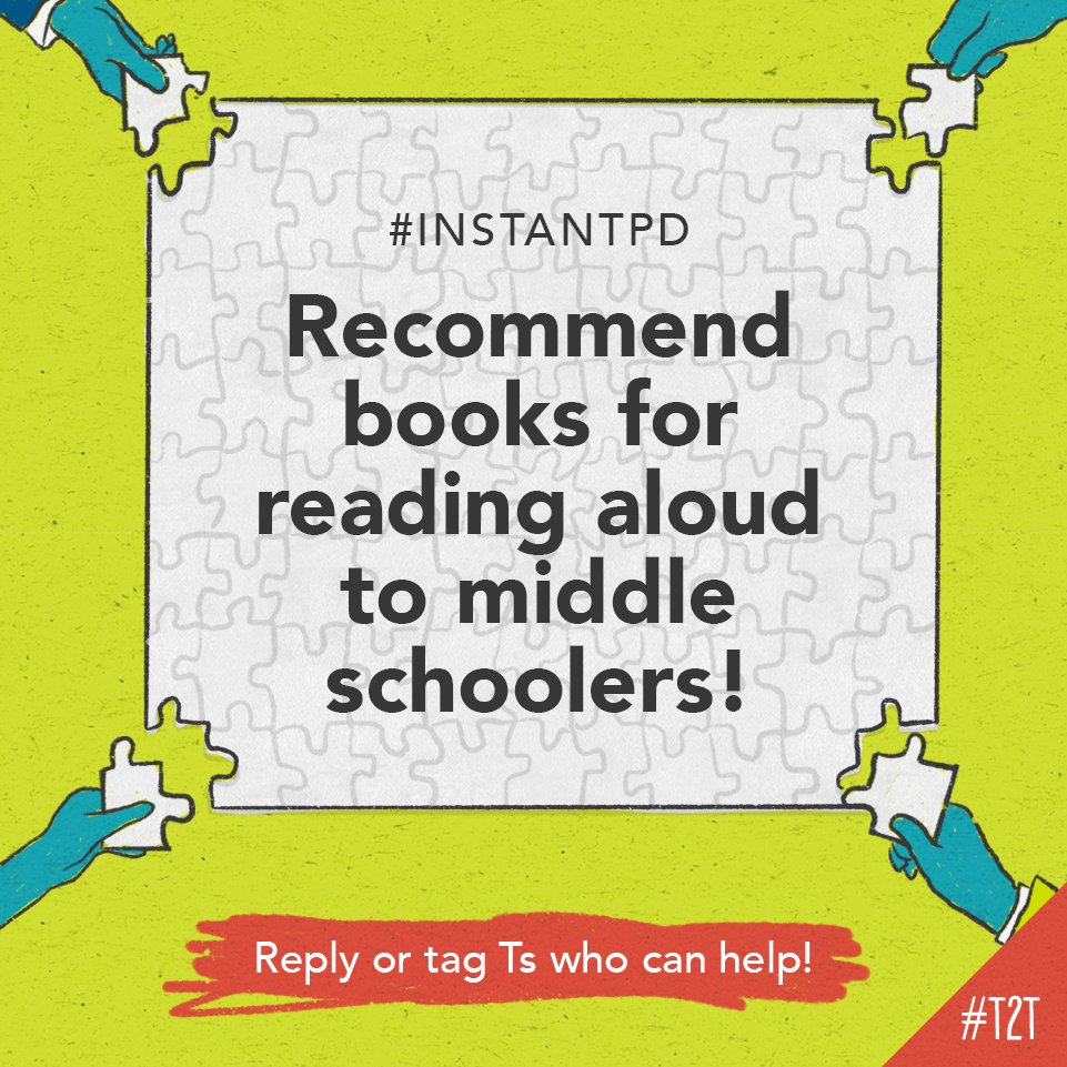 teacher2teacher's tweet photo. "What are your favourite read aloud books for grades 7 and 8?"

👆 That's the question on T @MrsWPenz's mind – shout out your book recommendations below! 👇 

#InstantPD #ELA #BookChat #iteachmiddleschool https://t.co/lzcbNjKzji