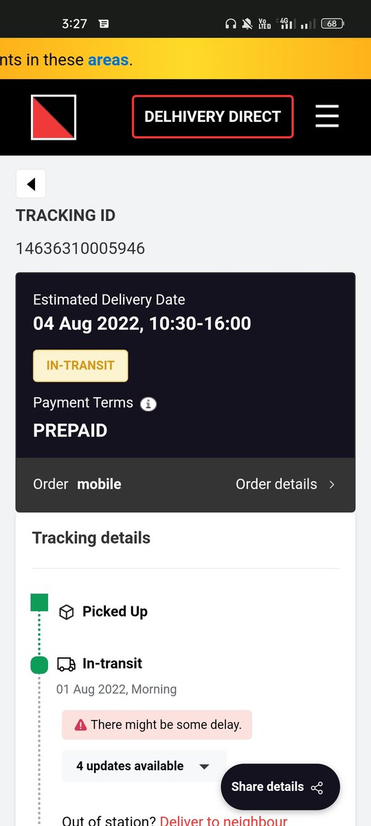 goffer_abdul's tweet photo. @help_delhivery @delhivery  
Hello team of delivery please check this tracking Id - 14636310005946
Why this shipment is pending from 1st August . 4 day's ago this shipment estimated delivery date 2nd August bt after 1st August why delaying . Need information https://t.co/RYkNokaNJN