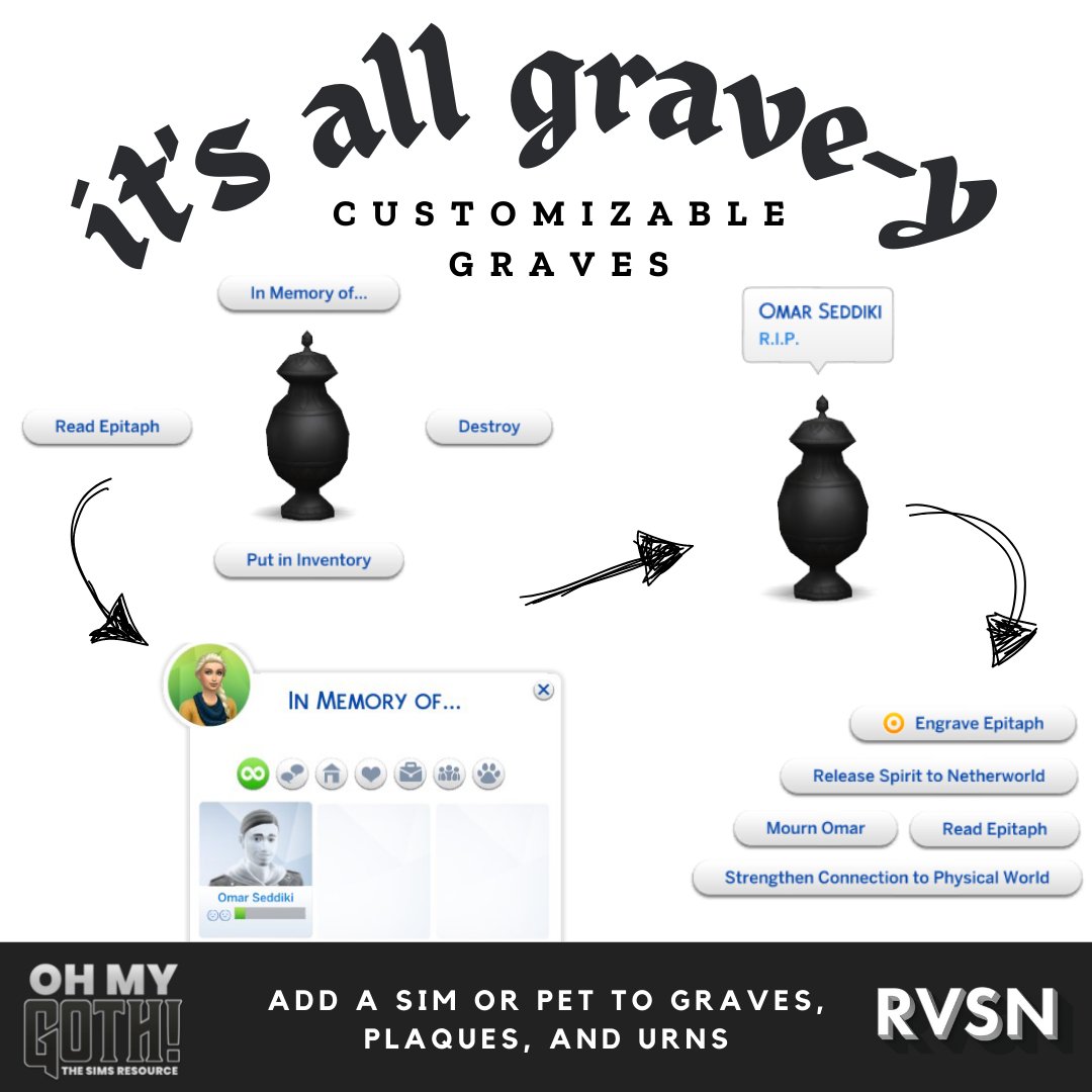 RAVASHEENCC's tweet image. 💀It's All Grave-y Customizable Graves💀

You can add any deceased sim in your family to one of the 15 pieces in this set at any time! They have all the same features as the regular graves/urns.

Out now for everyone on @TheSimsResource!

ravasheen.com/download/its-a…