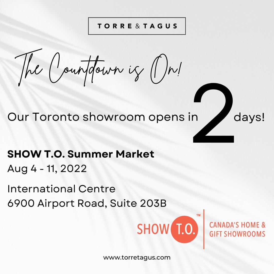 TorreAndTagus's tweet photo. We're just 2 days away from the opening of our new Toronto Showroom and the start of SHOW T.O. at The International Centre. Visit us at Suite 203B starting Aug 4! #torreandtagus #homedecor #interiordesign #showroom #showTO #showTOhomeandgift #canadianretail #canadianwholesale https://t.co/GTUxsXTJlo