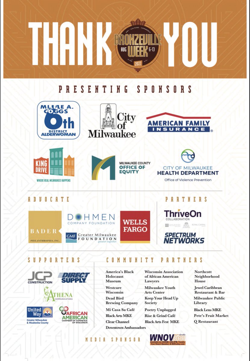 ranell_io's tweet photo. Bronzeville Week, presented by @amfam @cityofmilwaukee @KingDriveIs @MKEhealth and @mkeOAAA and Alderwoman Coggs!
The week kicks off on Saturday, August 6, 2022 and runs until Saturday, August 13, 2022.
#Milwaukee #BronzevilleWeek #Festivals #AmFaMKE https://t.co/PsJe5VMOmn